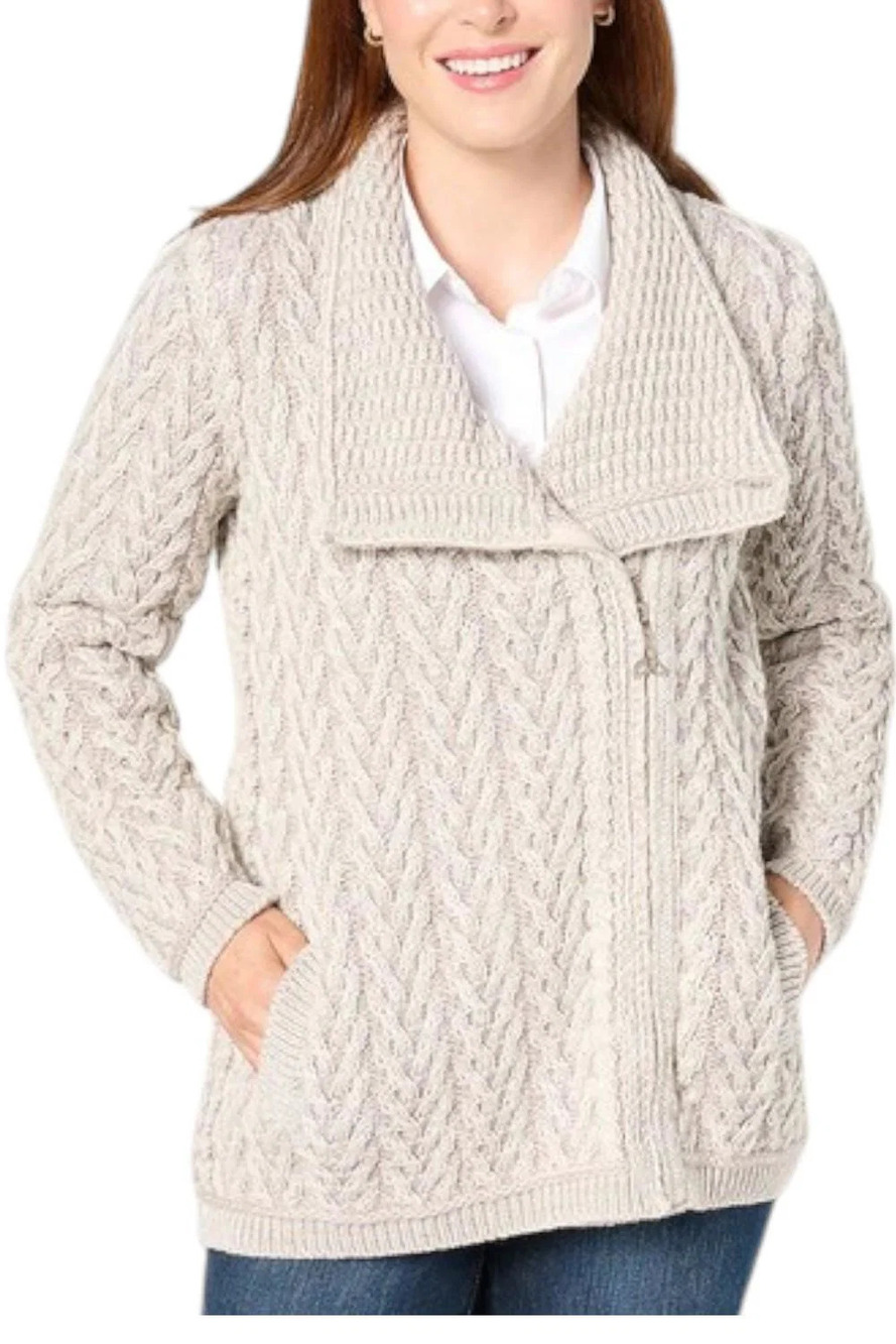 Aran Crafts Women's Merino Wool Asymmetrical Zip Sweater Cardigan Gray - Regular